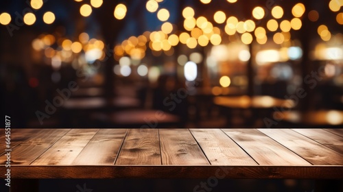 Empty wood table with bokeh light background.