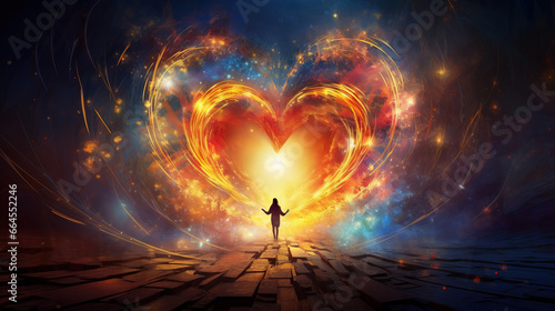 Woman reaching out to a glowing heart made of light and energy. Symbol of love and kindness in the sky. Colorful artistic background.