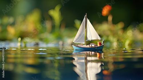  a toy sailboat floating on a body of water with grass in the background. generative ai