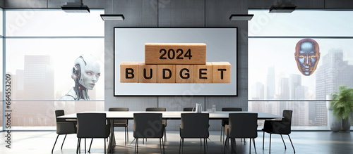 Mesa de directorio preparada para la reunión del budget 2024 con un robot y un humanoide acechando por las ventanas simbolizando el impacto que tendrá la inteligencia artificial en los negocios. 