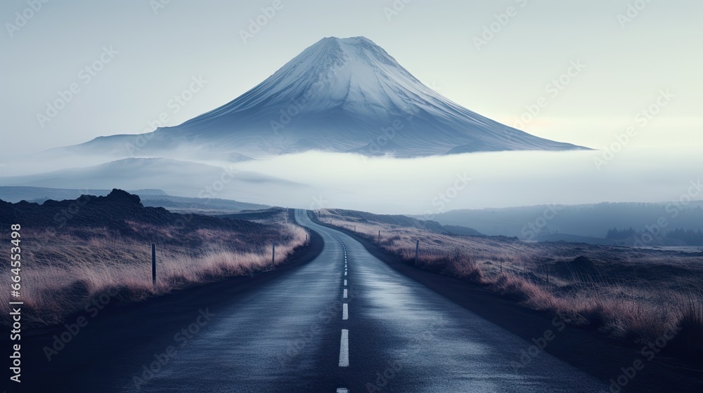  a long road with a mountain in the background and fog in the air.  generative ai