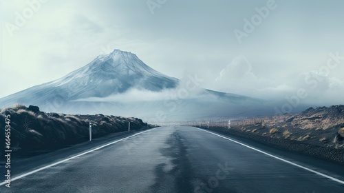  a long road with a mountain in the background and clouds in the sky.  generative ai