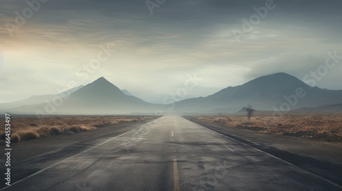  a long empty road in the middle of a desert with mountains in the background. generative ai