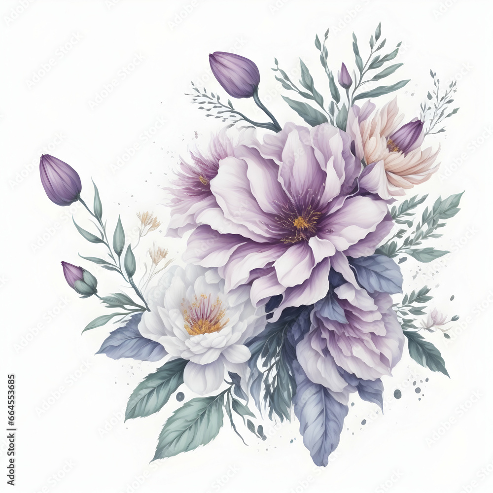 Hand drawn watercolor bouquet of peony, rose, dahlia, anemone