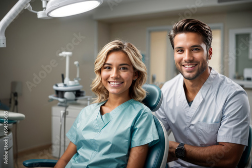 Dentist Series - Perfect Bright and Healthy Teeth  Woman with Male Dentists in Consulting room  created with Generative AI technology