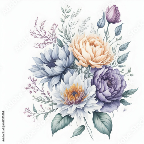 Hand drawn watercolor bouquet of peony, rose, dahlia, anemone