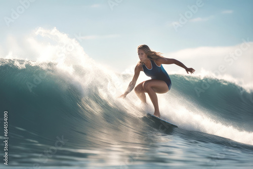 Surfing Photo Series - Female Surfer Riding a Wave on Surfboard, created with Generative AI technology