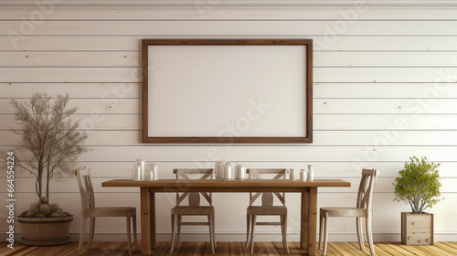 Rustic Wood Table, Cross Back Chairs on Distressed Wood Floor, Mock Up Poster on Shiplap Wall. Cozy Country-Style Dining Room.