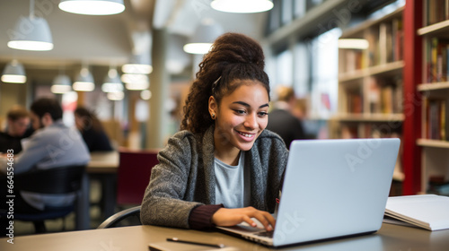 Portrait of a smiling african american college student or workplace using laptop in library