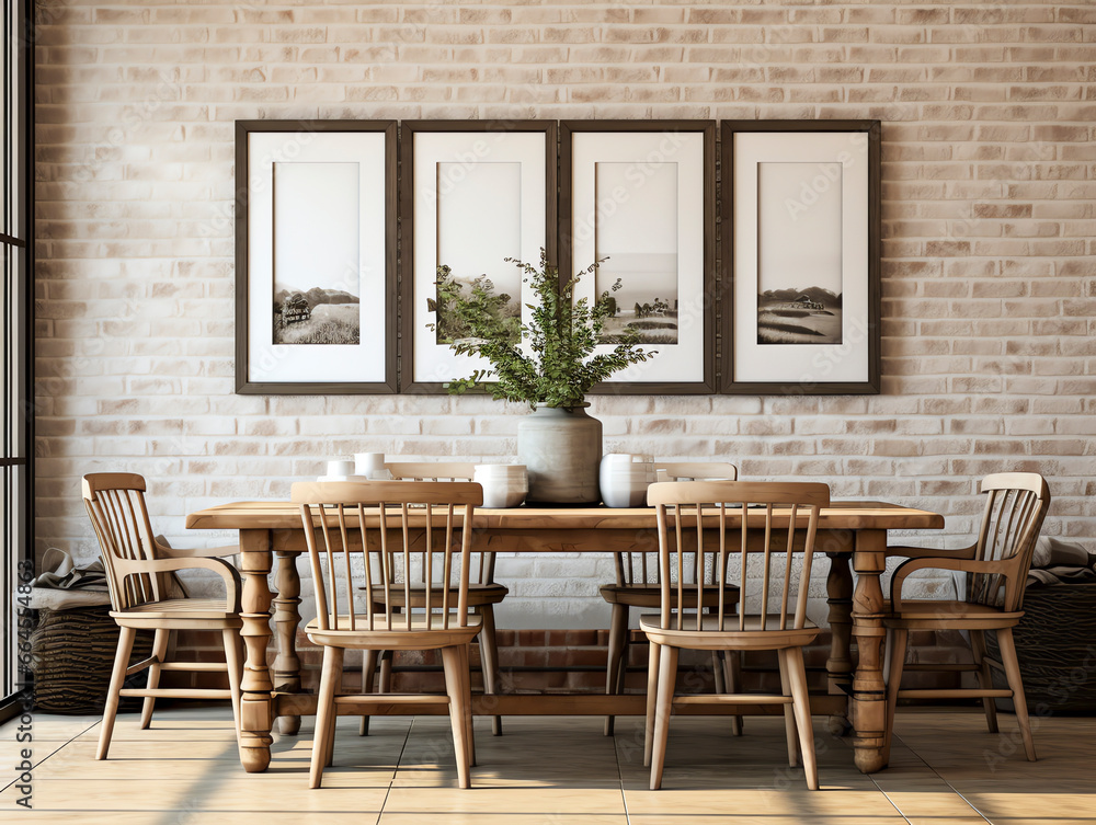 Reclaimed Wood Table, Ladder Back Chairs on Brick Floor, Wainscoting Wall. Vintage Country-Style Dining Room. Reclaimed Wood Table, Ladder Back Chairs on Brick Floor, Wainscoting Wall. Vintage Country-Style Dining Room.