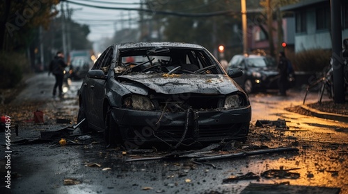 Car accident on the road. Car accident causing fire on the road.