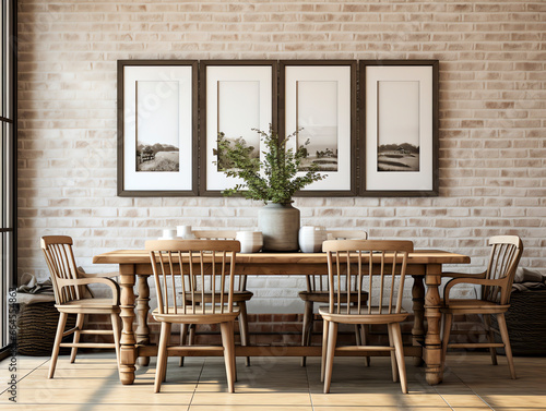 Reclaimed Wood Table, Ladder Back Chairs on Brick Floor, Wainscoting Wall. Vintage Country-Style Dining Room.