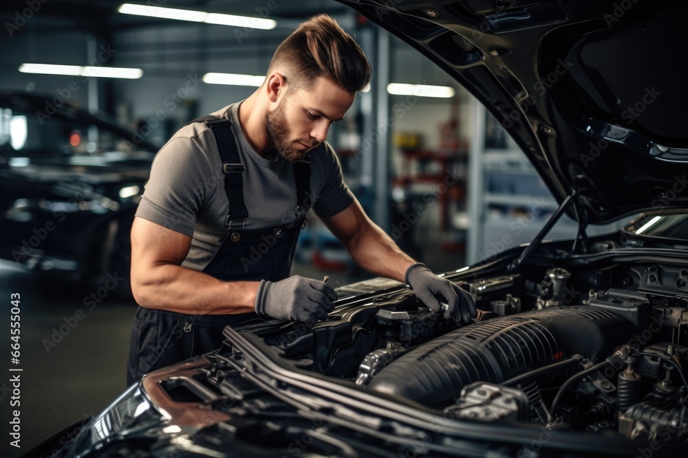 Professional auto mechanic is repairing a car in a garage or service center. - obrazy, fototapety, plakaty 