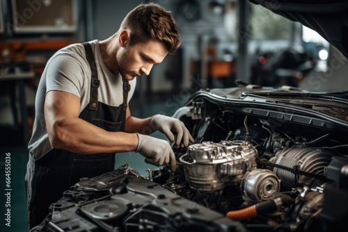 Professional auto mechanic is repairing a car in a garage or service center.