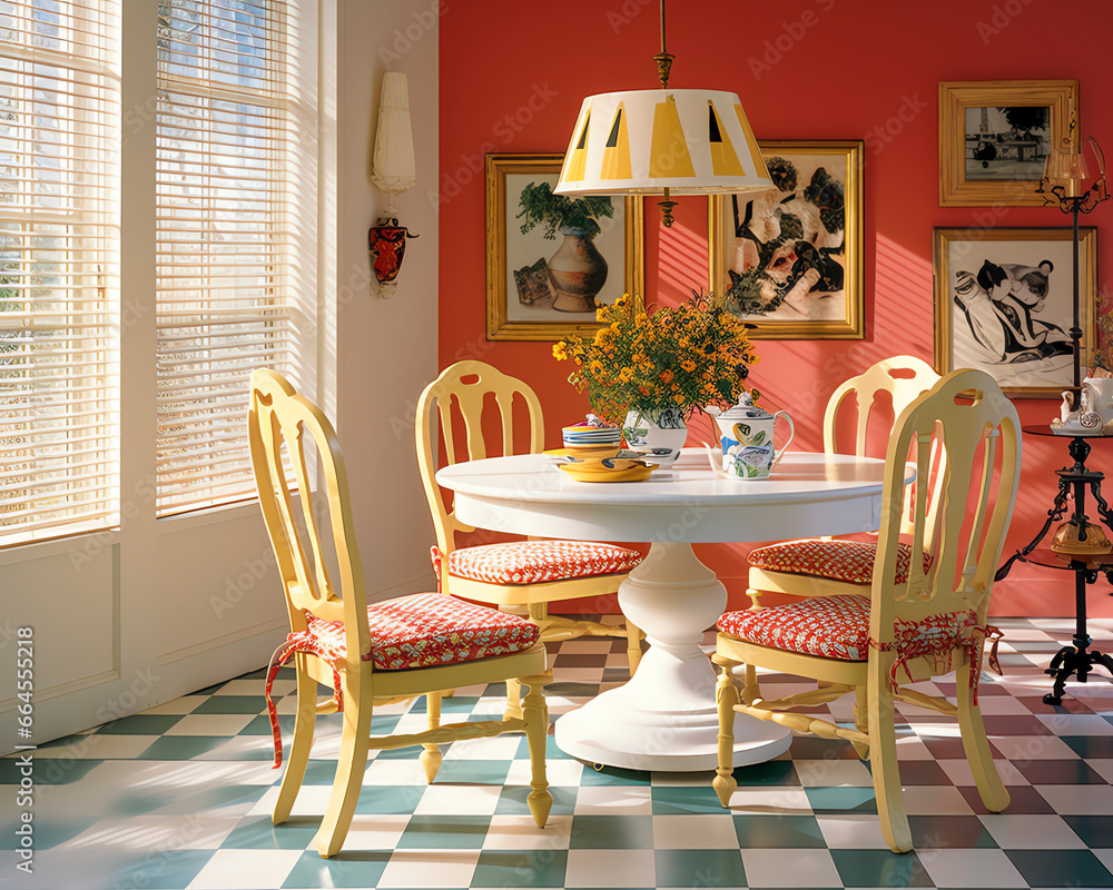 Obraz premium Painted Pedestal Table, Mixed Chairs on Checkerboard Linoleum Floor, Wallpapered Wall. Eclectic Country-Style Dining Room.