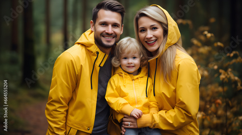 Family Photo in the Woods, Mom, Dad, and Toddler Daughter, Cozy in Yellow Coat, Outdoor Family Portrait