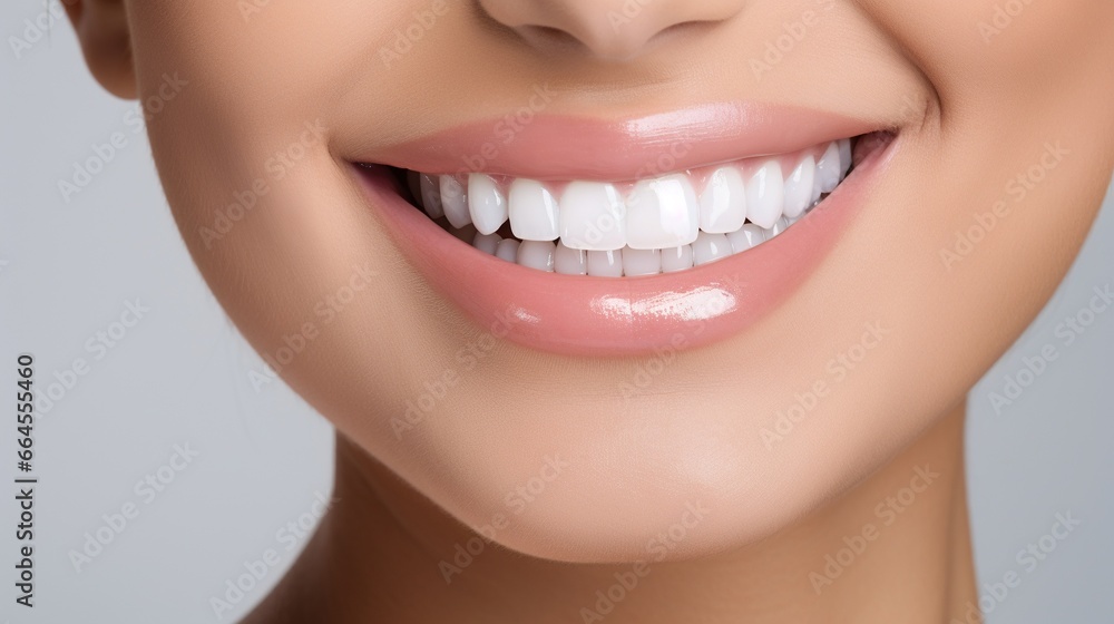 Fototapeta premium Toothy smile of happy young woman showing healthy white teeth. Dental patient promoting dentist service, stomatology, enamel bleaching, whitening, oral hygiene. Cropped close up shot