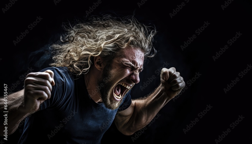 Fototapeta premium Dark background. Grunge and grain texture. Dust scratches. Man, male, he, masculine. uprising, angry, expression, horror concept. wavy blond long hair. beard. blue t-shirt. handsome. closed fists.