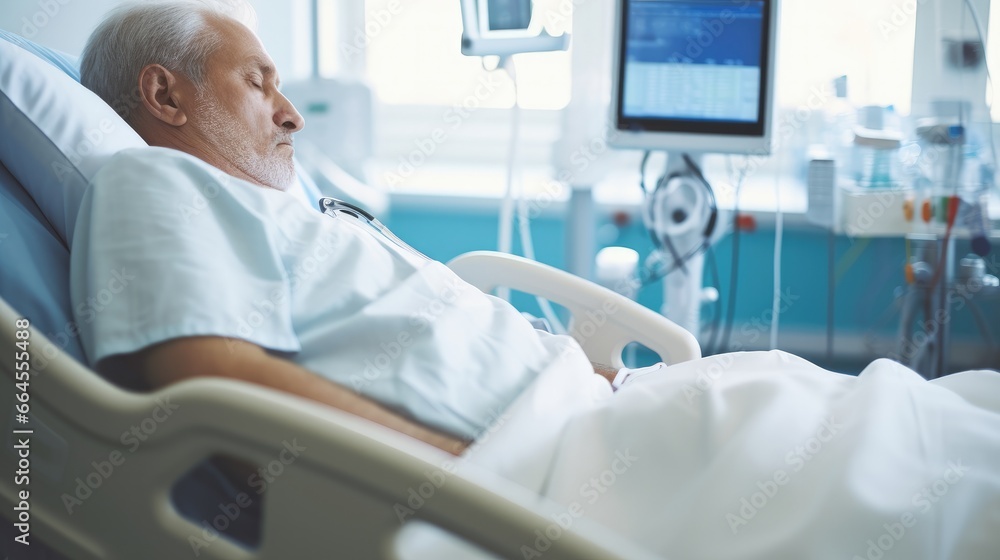 patient lying on bed on background. Worker checking patient information on digital tablet, hospital, medicine, illness, ward, bed, recovery, clinic, sick.