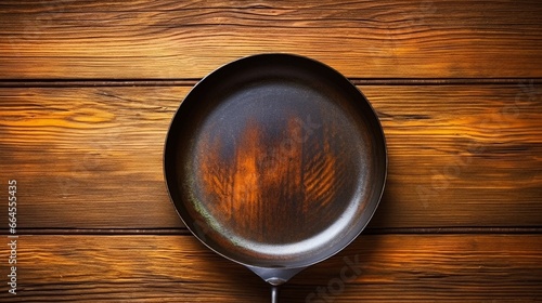 Old rusty round cast iron frying pan on grey cement background, view from above photo