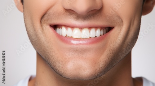 Toothy smile of happy dark skinned young man showing healthy white teeth. Dental patient promoting dentist service, stomatology, enamel bleaching, whitening, oral hygiene. Cropped close up shot