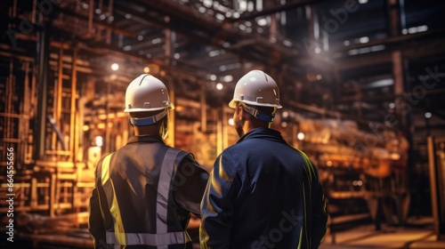 Industrial workers in safety vests and hard hats collaborating on a project, engineer, industrial, safety, construction, factory, building, development, architect, production