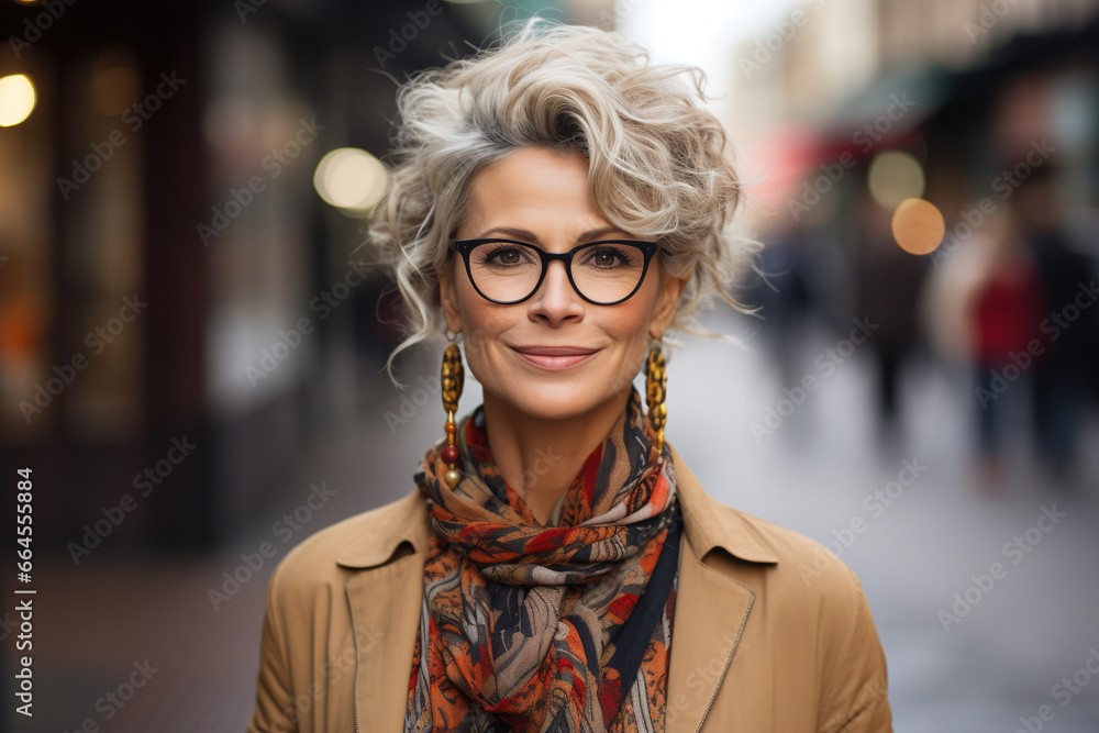 Stylish smiling middle-aged woman on a city street. Portrait of a lady with a gray hairstyle, wearing glasses and outerwear outdoors, looking at camera Stylish smiling middle-aged woman on a city street. Portrait of a lady with a gray hairstyle, wearing glasses and outerwear outdoors, looking at camera
