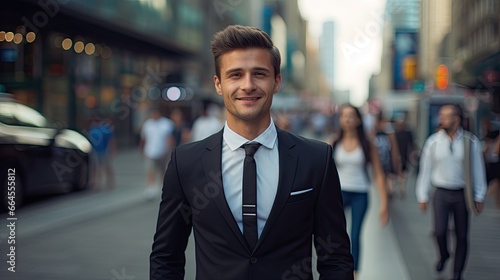 portrait of a handsome smiling white young businessman boss in a black suit walking on a city street to his company office. blurry street background, confident