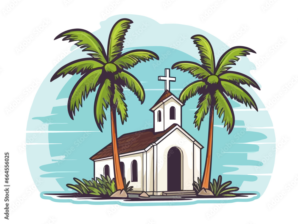 Doodle Palm branch with church, cartoon sticker, sketch, vector, Illustration, minimalistic