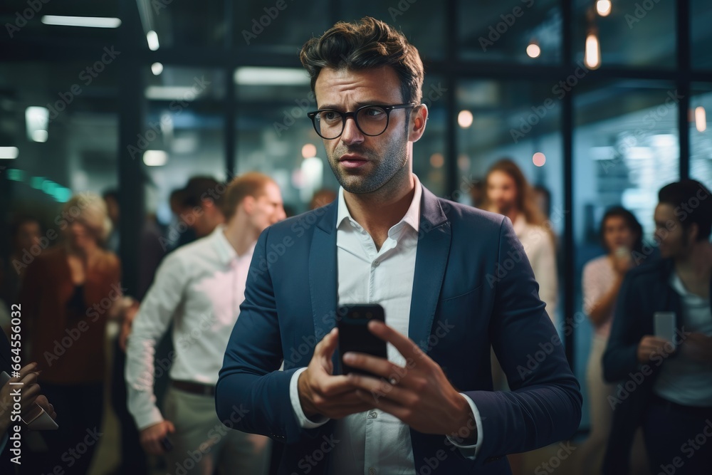 Business man reading a message on a mobile phone in an office Business man reading a message on a mobile phone in an office
