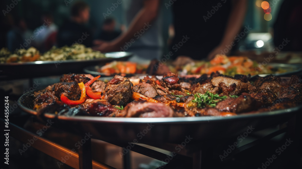 This appetizing image features a plate of perfectly grilled meat, elegantly displayed on a wedding or restaurant buffet, promising a delightful culinary experience for attendees.