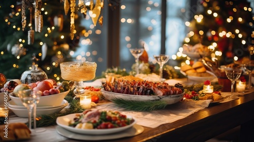 Christmas Dinner table full of dishes with food and snacks, New Year's decor with a Christmas tree on the background. © Neuro architect