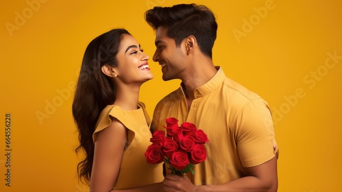 Embracing Love - Young Indian Couple Holding a Bouquet, Gazing at Each Other. Celebrate Romance on Valentine's Day.