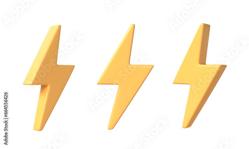 3d yellow charger symbol. Yellow sign of thunder or lightning. Symbol of energy, danger. Minimalistic electrical discharge. 3d rendering