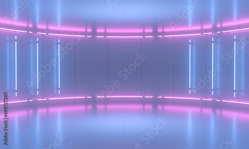 Abstract purple background stage. Neon light from lamps on walls of circular room. 3d illustration