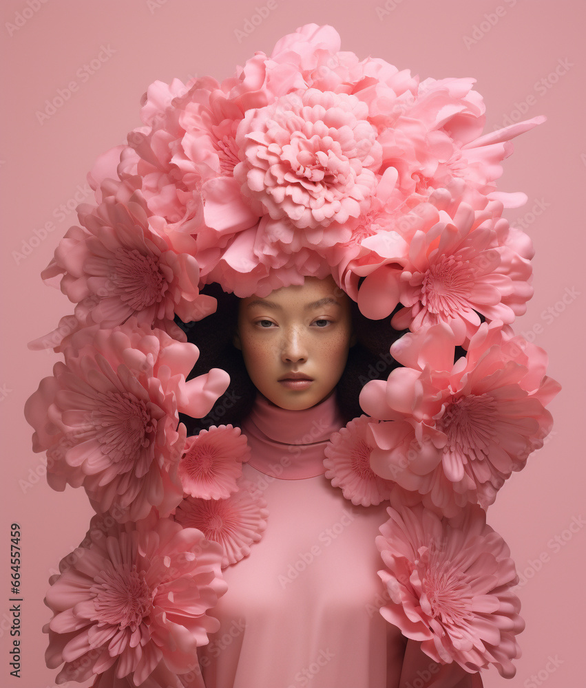 Tone-in-tone portrait of a woman surrounded by pink flowers Tone-in-tone portrait of a woman surrounded by pink flowers