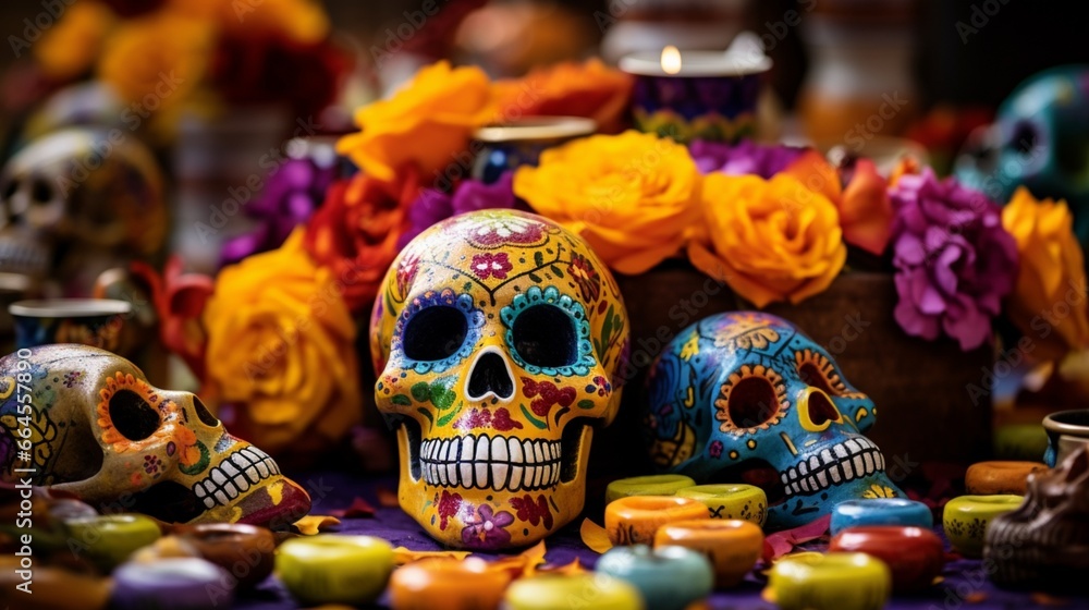 a colorful Day of the Dead celebration, featuring intricate sugar skulls and marigold flowers.
