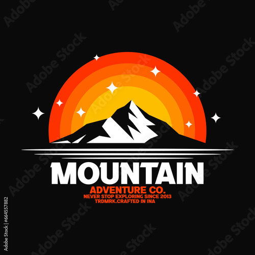 vintage retro classic illustration of sun sunrise sunset island mountain hills peaks rocky ice top mount landscape nature view silhouette with stars night midnight background logo design inspiration