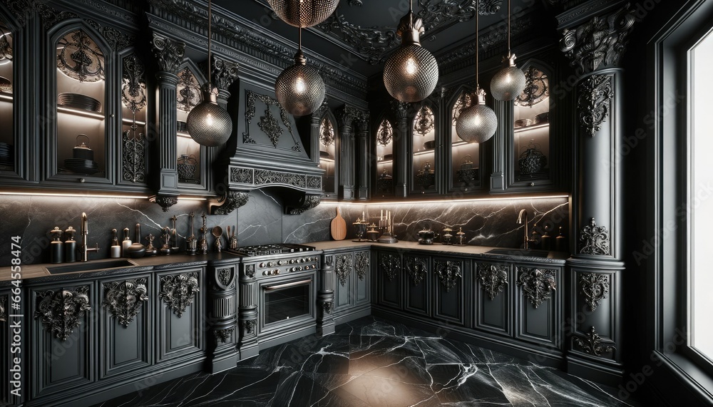 Modern gothic kitchen interior, characterized by its dark color scheme