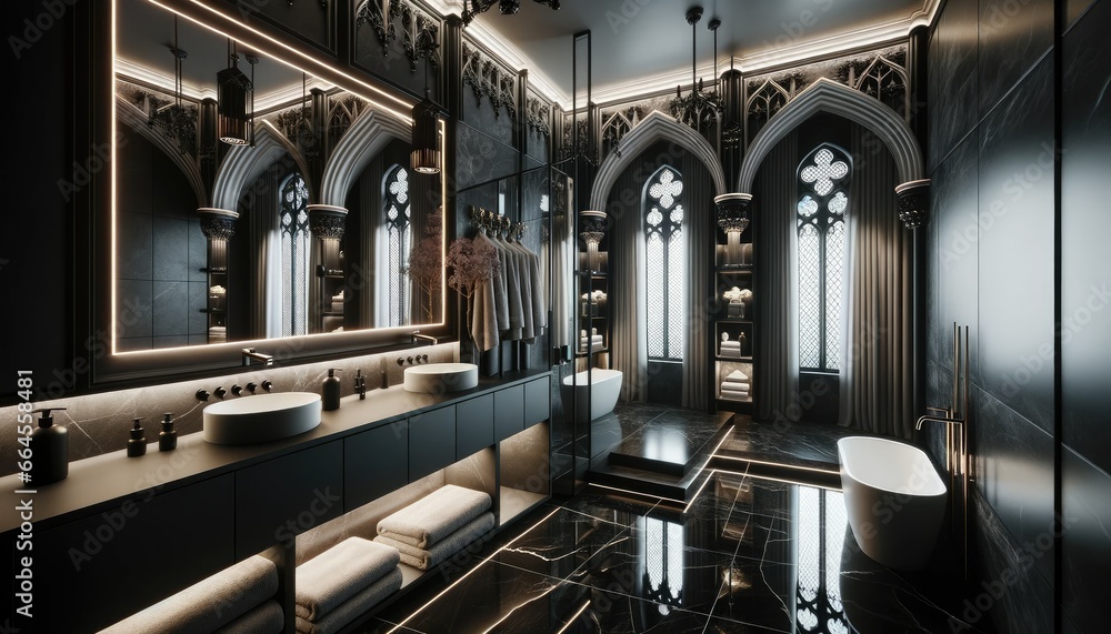 Luxurious bathroom reflecting modern gothic design. The space is dominated by deep tones, with ...