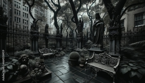 Gothic-style backyard, characterized by its dark stone pathways, wrought iron fences, and statues with intricate details. Tall trees cast moody shadows, and ornate benches provide seating.