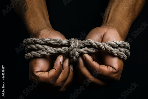 Hands tied up with rope on a black background. Hands tied with rope.