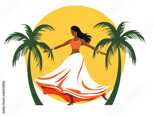 Doodle Hula dancer with palm trees, cartoon sticker, sketch, vector, Illustration, minimalistic