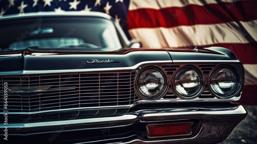 Old-fashioned dark automobile featuring a retro United States banner on the engine cover