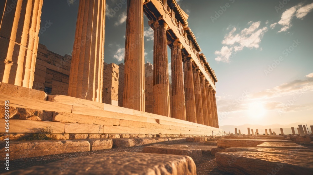 Panoramic Sunset View of the Ancient Greek Parthenon Columns in Athens - obrazy, fototapety, plakaty 