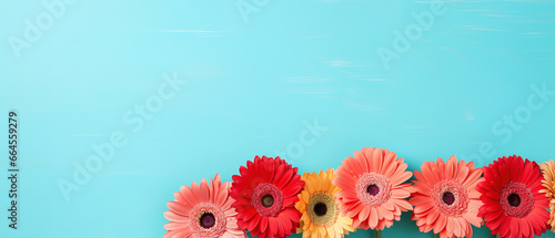 minimalistic blue background with gerberas, top view with empty copy space