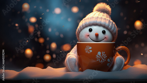 Fotografia muñeco de nieve con gorro de lana agarrando una taza de color naranja decorada c