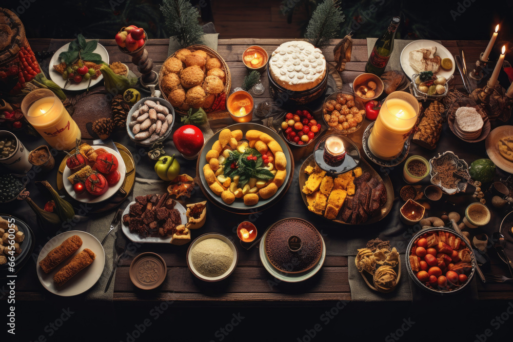 Thanksgiving Food and Dessert for party invitation, Christmas party celebration with dinner meal on table, Happy new year and Xmas scene, wooden table full of food and treats. Thanksgiving Food and Dessert for party invitation, Christmas party celebration with dinner meal on table, Happy new year and Xmas scene, wooden table full of food and treats.