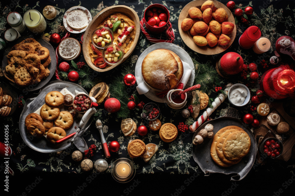 Thanksgiving Food and Dessert for party invitation, Christmas party celebration with dinner meal on table, Happy new year and Xmas scene, wooden table full of food and treats.