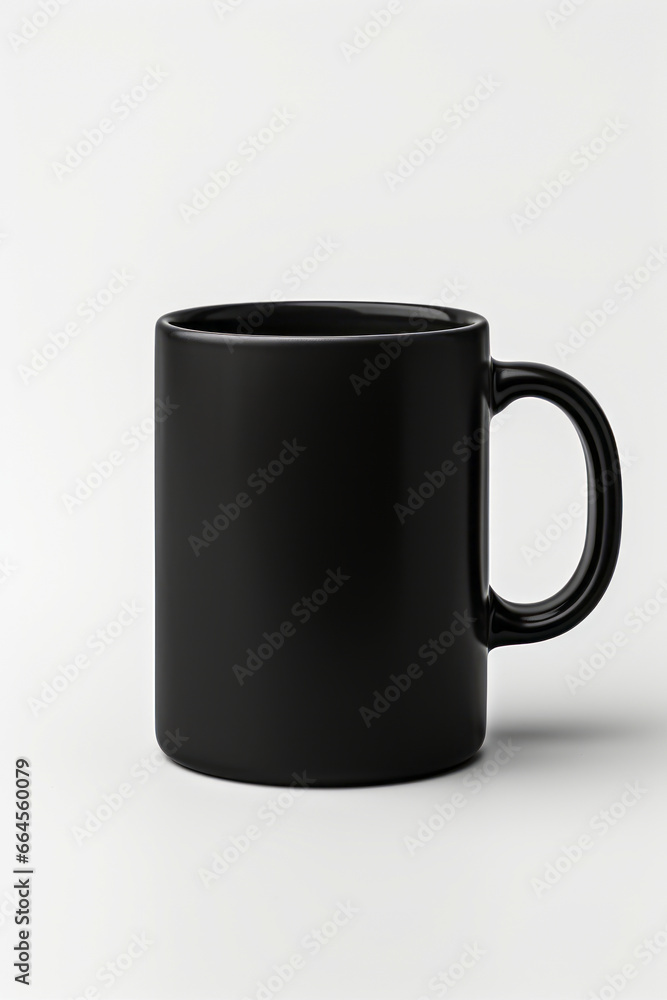 Black coffee mug is shown on white background with shadow. Black coffee mug is shown on white background with shadow.